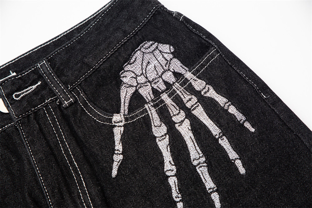 Custom Men Fashion Jeans Baggy Straight Embroidered Skeleton Logo Mens Jeans Pants