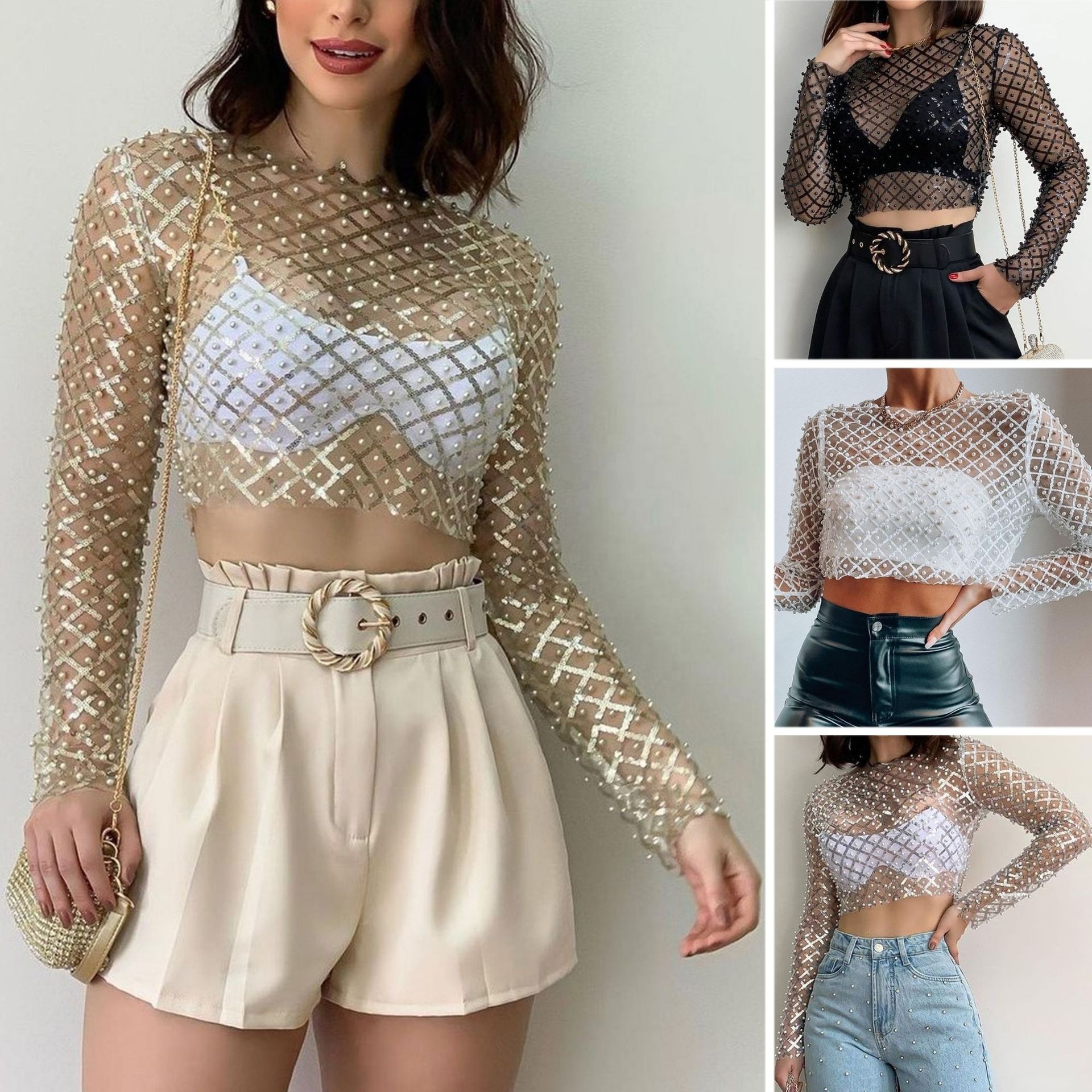 Star Glitter Sexy T-shirt Women O Neck Full Sleeve Crop Top Ladies Mesh Shiny Slim Party T-shirts Tops Polyester Long Sleeve