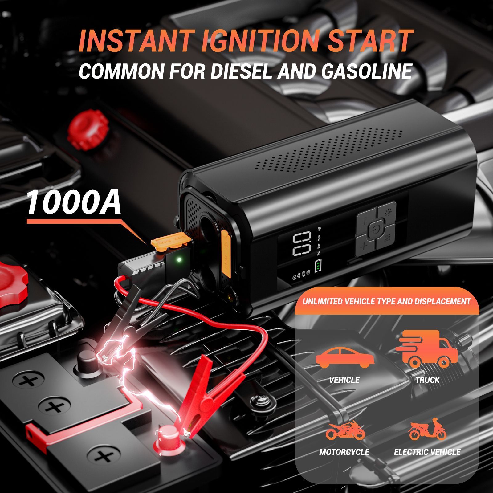 New Portable Safe Car Jump Starter with Air Compressor, Tire Inflator with Digital Screen Pressure Gauge Emergency Light