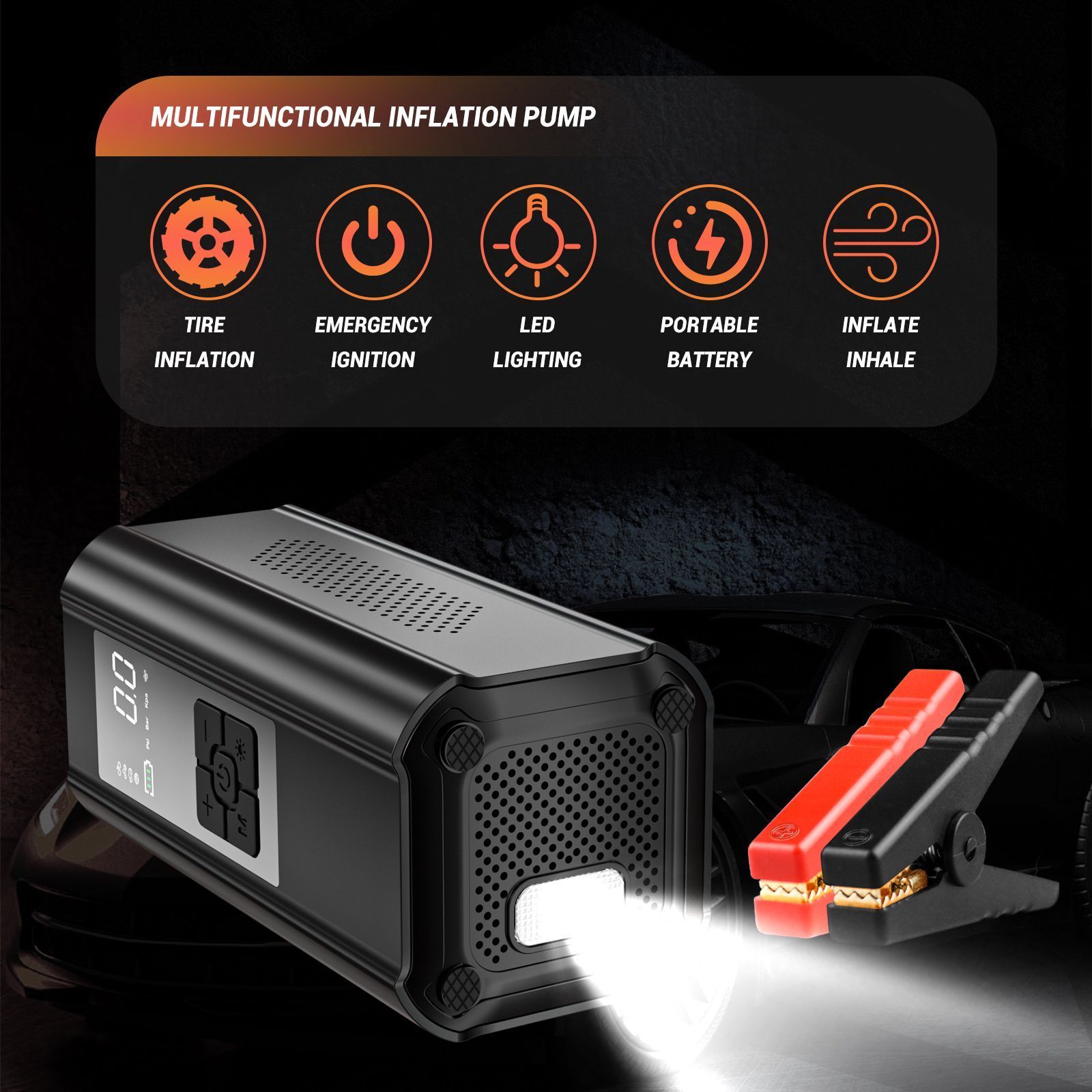 New Portable Safe Car Jump Starter with Air Compressor, Tire Inflator with Digital Screen Pressure Gauge Emergency Light