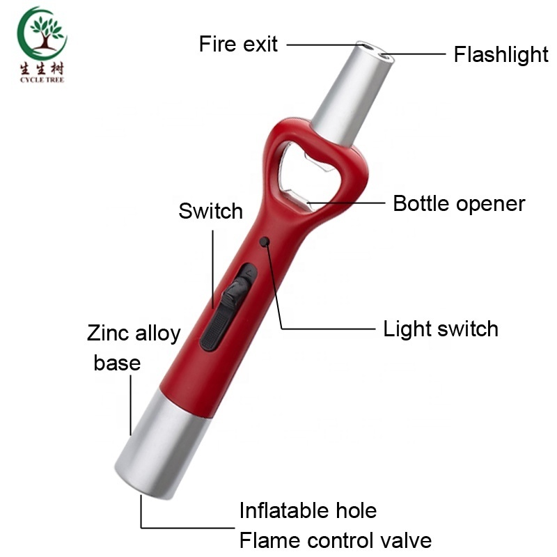 fancy design gas refillable bbq lighter multifunctional flame butane lighter wholesale bottle opener lighter with flashlight