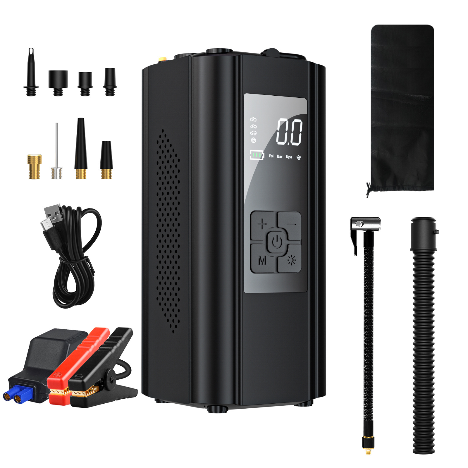 New Portable Safe Car Jump Starter with Air Compressor, Tire Inflator with Digital Screen Pressure Gauge Emergency Light