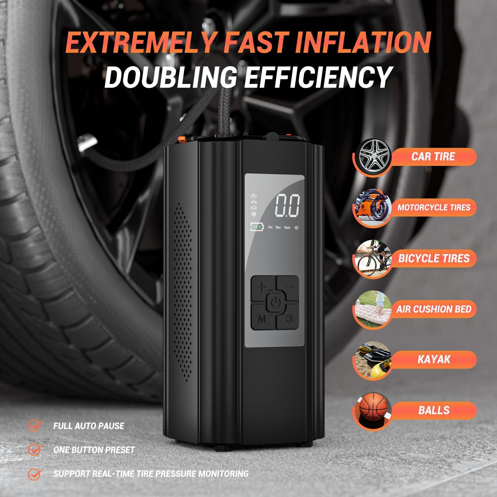 New Portable Safe Car Jump Starter with Air Compressor, Tire Inflator with Digital Screen Pressure Gauge Emergency Light