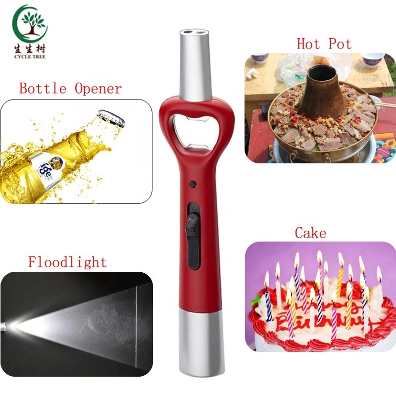 fancy design gas refillable bbq lighter multifunctional flame butane lighter wholesale bottle opener lighter with flashlight