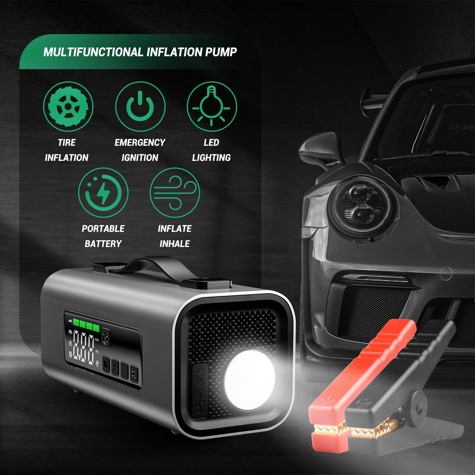 Portable 2000A Peak 14800mAh Car Battery Jump Starter And Tire Inflator For Camping Outdoors RV Emergency