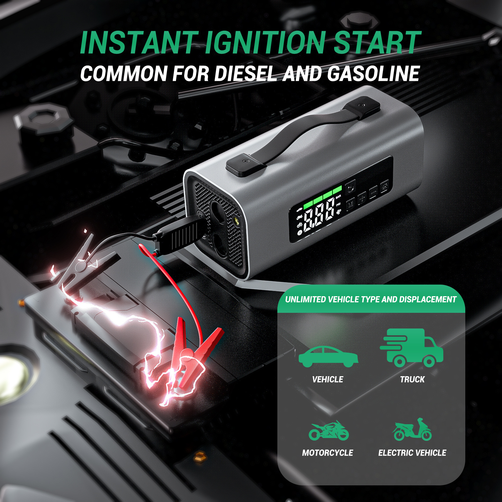 Portable 2000A Peak 14800mAh Car Battery Jump Starter And Tire Inflator For Camping Outdoors RV Emergency