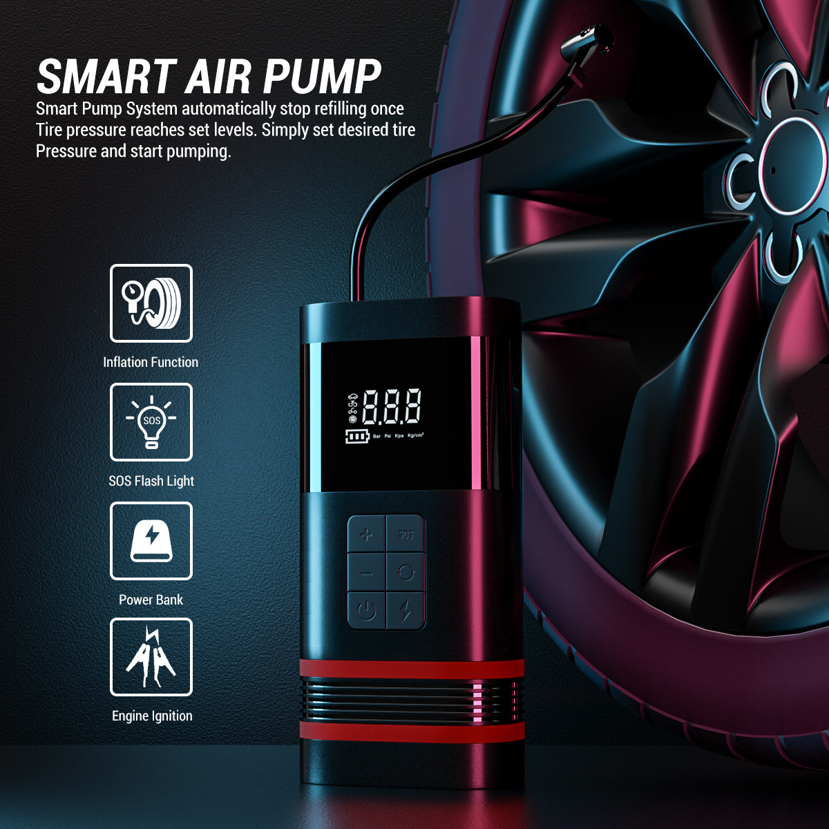 Car Jump Starter Power Bank,7500mAh Portable Car Battery Starter With Air Compressor 150PSI