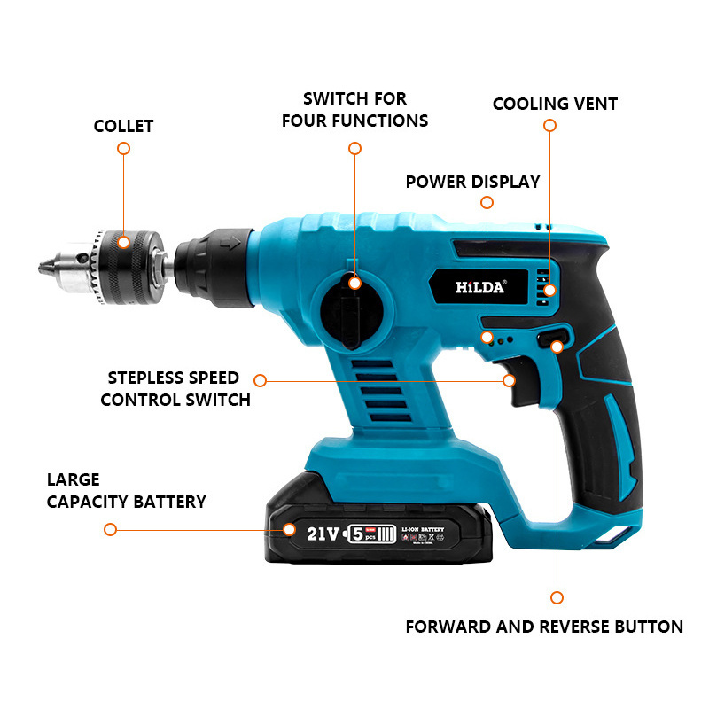 Hammer Frequency 4500/min 21V Cordless Electric Rotary Hammer Percussion Drill with SDS-Plus Chuck and 2PCS Batteries