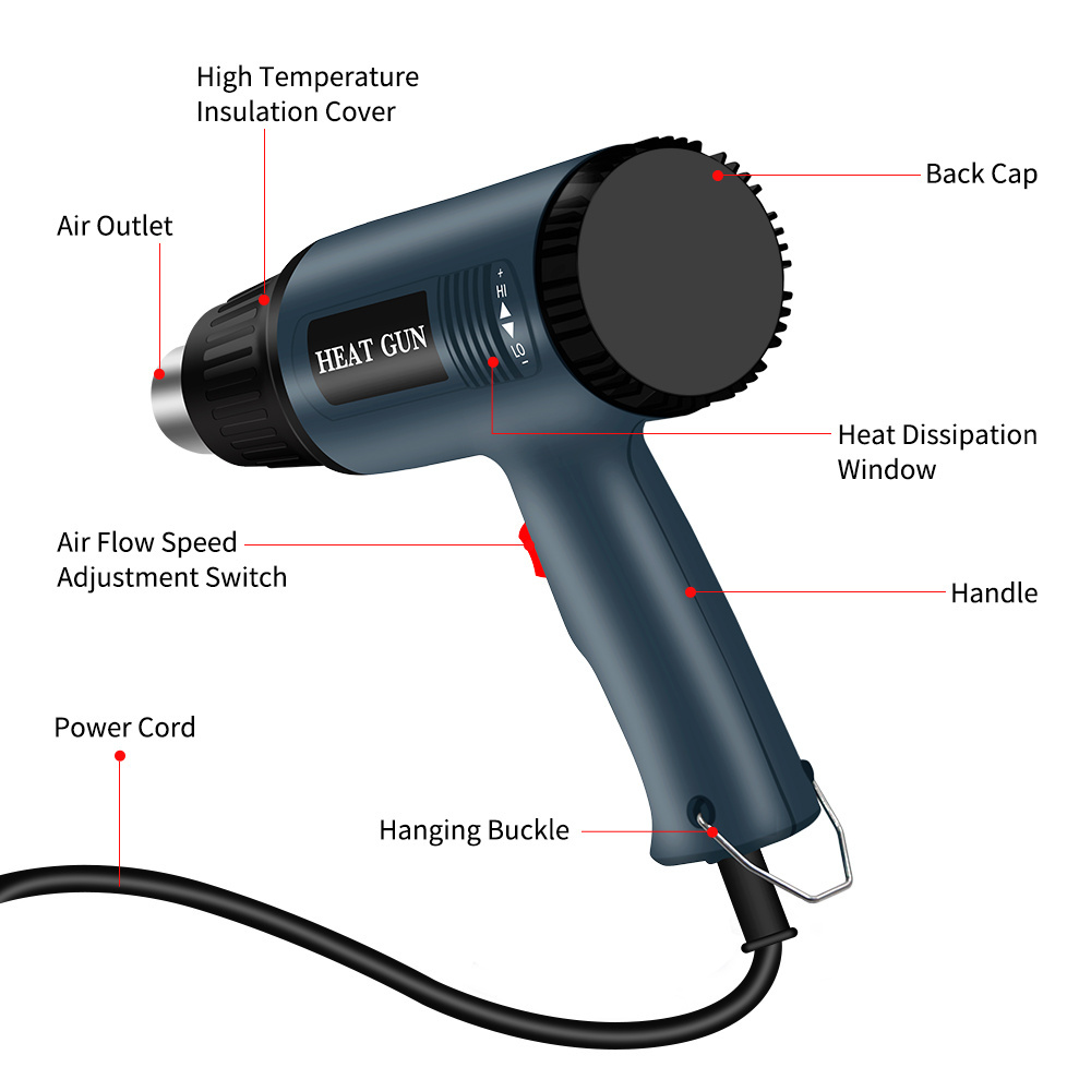 Dual Heating Wires Core Fast Heat Up Power 2000W Hot/Cool Air Heat Gun for for DIY Crafts,ShrinkingBendingStrippingDesoldering