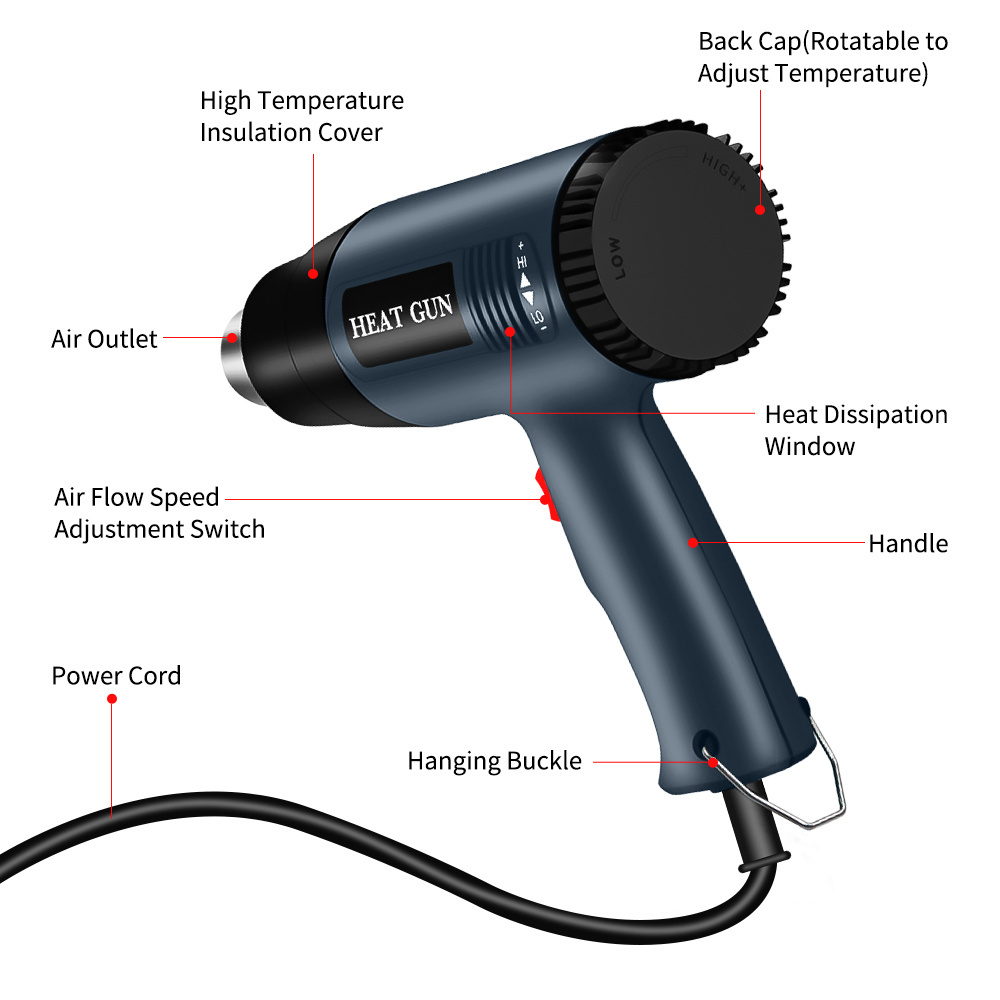 Adjustable Air Flow Speed Variable Temperature 122~1112 Fahrenheit Degree Hot Air Heat Gun with Power 2000W