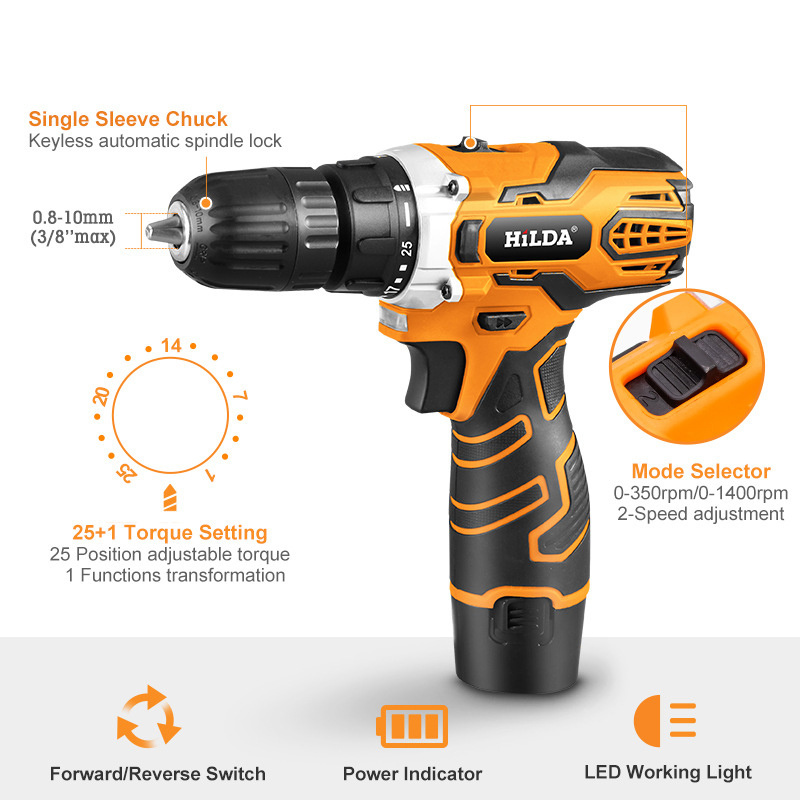 1400RPM 25 N/M Variable Speed 3/8-Inch Keyless Chuck 12V/16.8V/21V Cordless Electric Drill and Bits Set with 2PCS Batteries