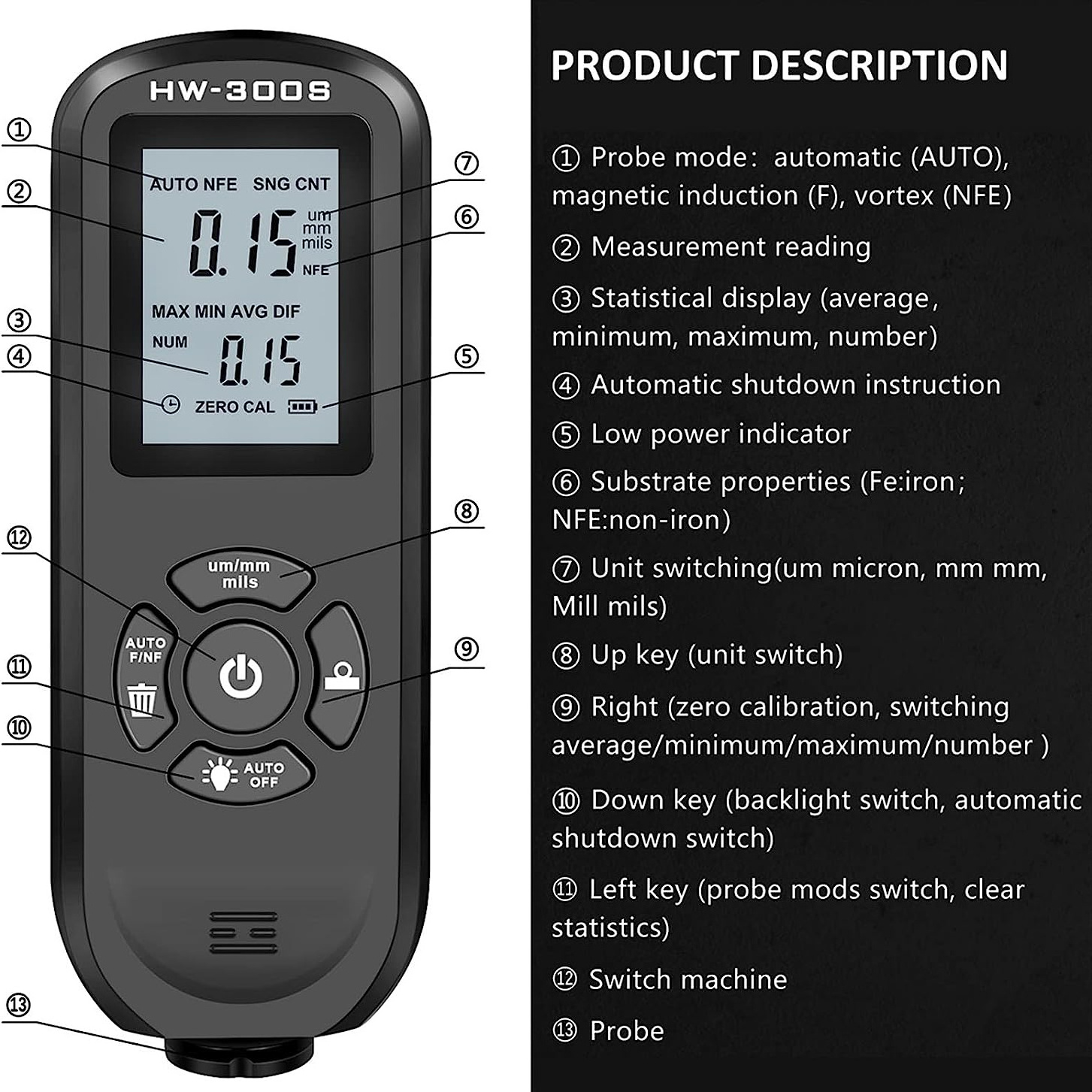 Measurement Range 0-2000um High-Precision Digital LCD Automobile Film Thickness Meter Car Paint Coating Thickness Tester Gauge