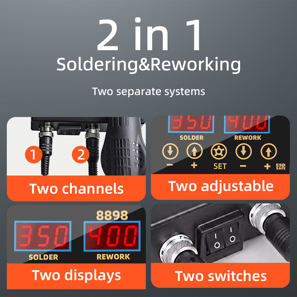 SMD Rework 8898 2 in 1 Multi-functional Soldering Station Soldering Iron Heat Gun with Adjustable Temperature and Air Volume
