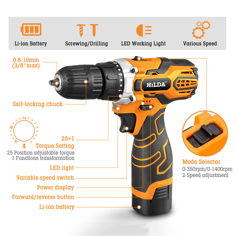 1400RPM 25 N/M Variable Speed 3/8-Inch Keyless Chuck 12V/16.8V/21V Cordless Electric Drill and Bits Set with 2PCS Batteries