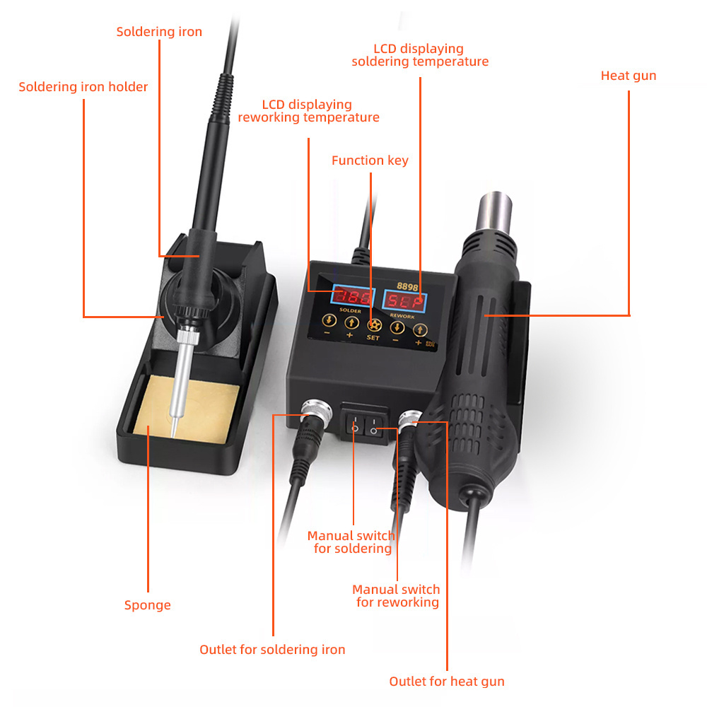 SMD Rework 8898 2 in 1 Multi-functional Soldering Station Soldering Iron Heat Gun with Adjustable Temperature and Air Volume