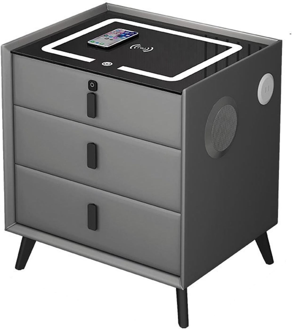 Nightstand With Fingerprint Lock Drawer, Smart Nightstand with Wireless Charging USB Port and Bluetooth Speaker