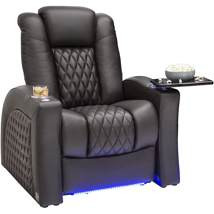 Brown Leather Single Recliner Chair, Power Home Theater Seating-Top Grain Leather-LED Lighting Okin Reliner chair