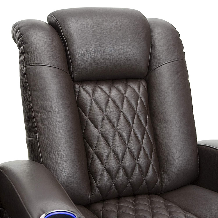 Brown Leather Single Recliner Chair, Power Home Theater Seating-Top Grain Leather-LED Lighting Okin Reliner chair