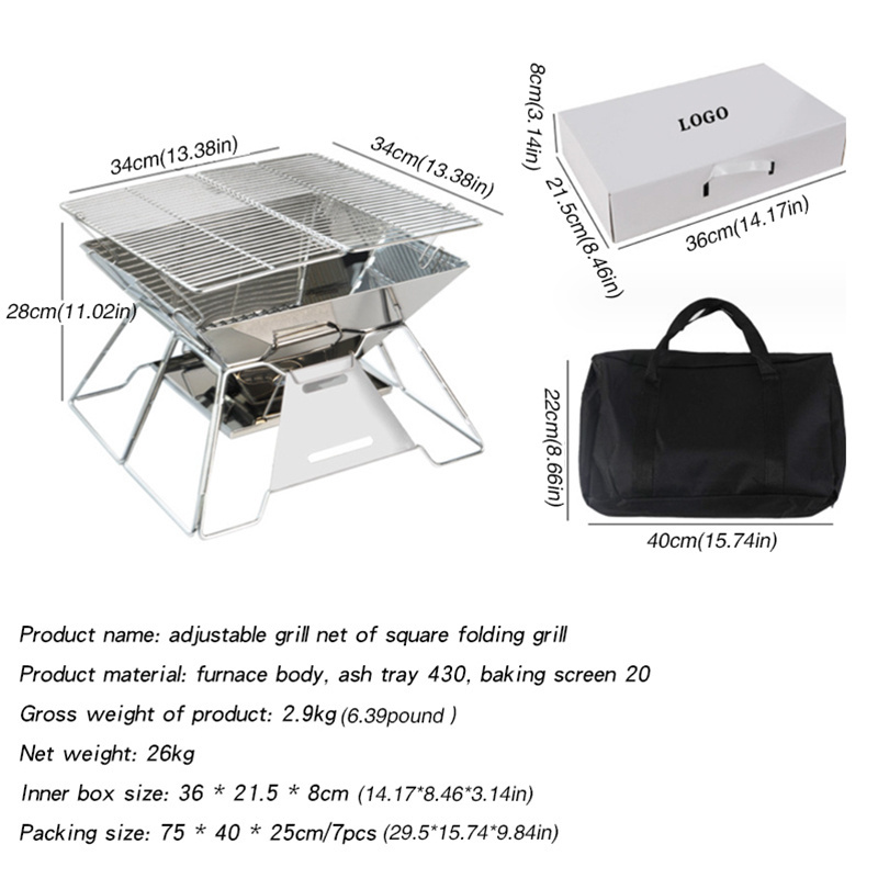 Folding Adjustable Height Stainless Steel Charcoal BBQ Grill Collapsible Portable Premium Barbecue Grill Fire Pit