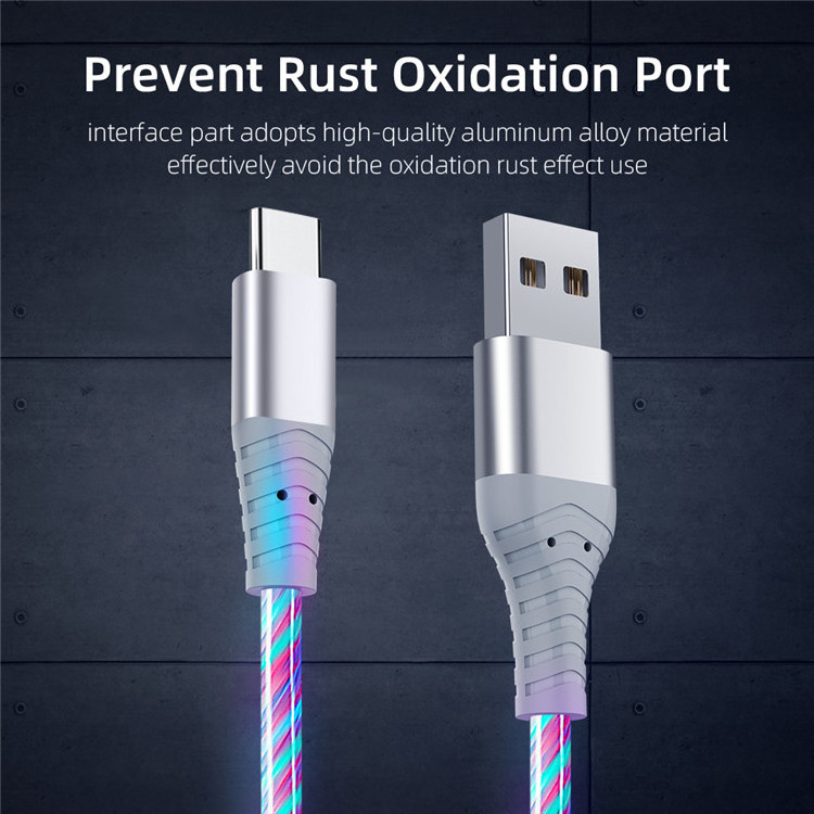 3A Glowing Cable Micro USB Type C Cable Fast Charging For iPhone Huawei Xiaomi LED light Charger Flowing Streamer USB C Cord