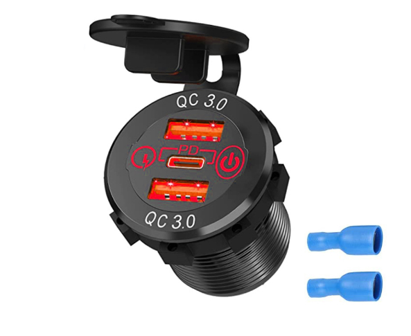 12V QC3.0 Dual USB Car Fast Charger with TYPE C PD port charger Power Outlet LED lighted Waterproof