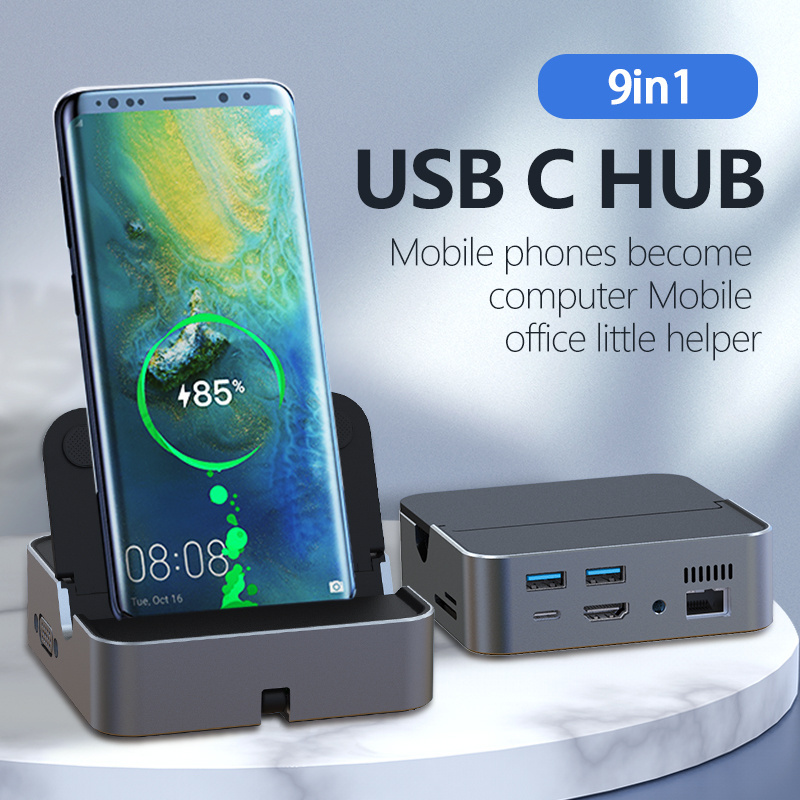 9 in 1 USB C HUB 4K HDTV USB 3.0 SD/TF Card Reader 3.5mm Audio Jack and Gigabit Ethernet Port Type-C docking station