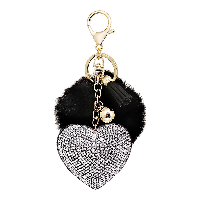 Wholesale Cute Woman Bag Ornamentation Rabbit PomPom Puff Ball Rhinestone Heart Shape Leather Keychain With Tassels