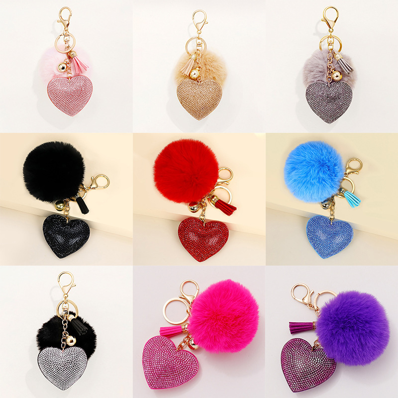 Wholesale Cute Woman Bag Ornamentation Rabbit PomPom Puff Ball Rhinestone Heart Shape Leather Keychain With Tassels