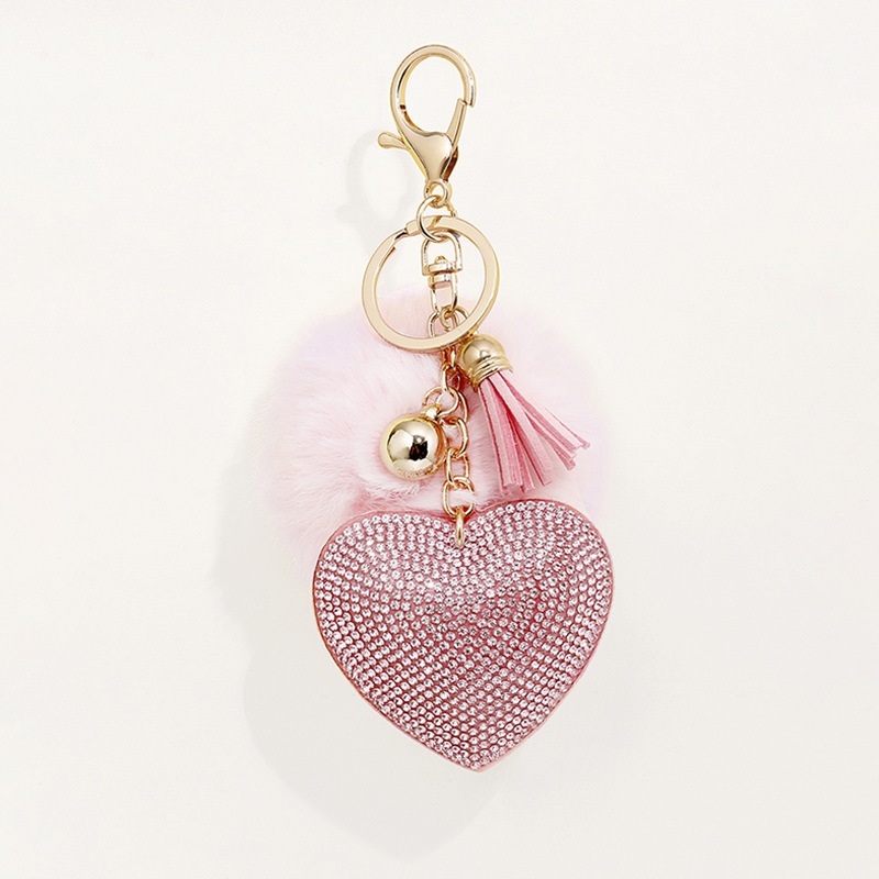 Wholesale Cute Woman Bag Ornamentation Rabbit PomPom Puff Ball Rhinestone Heart Shape Leather Keychain With Tassels