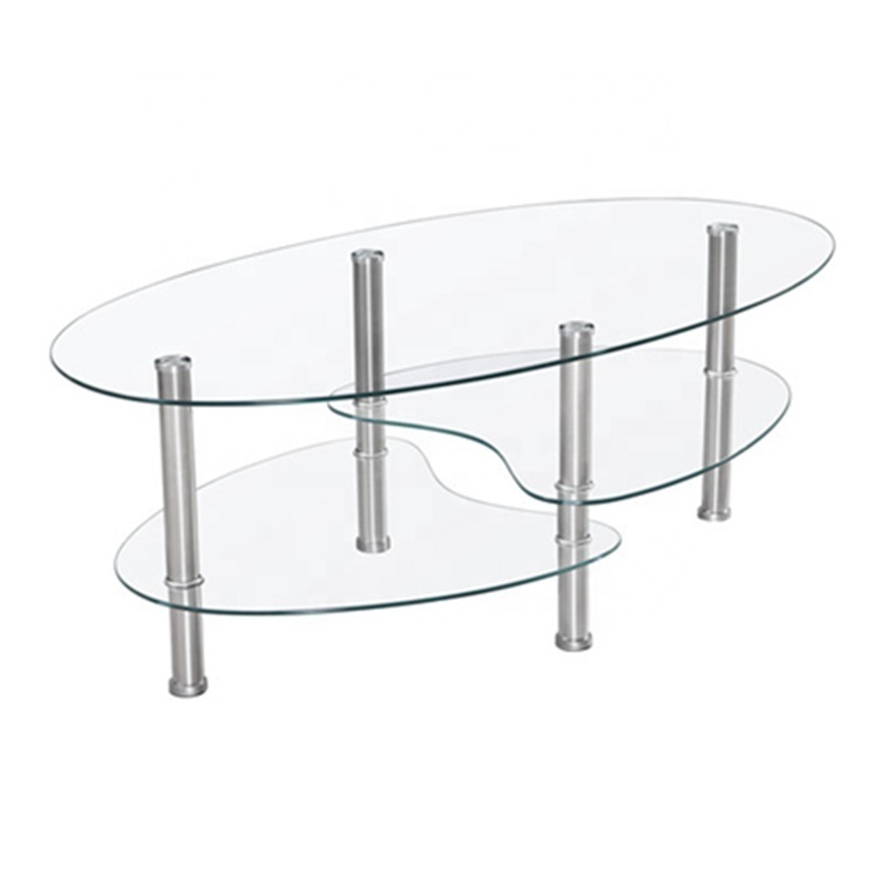 Wholesale living room furniture center oval tempered glass coffee table with stainless steel legs