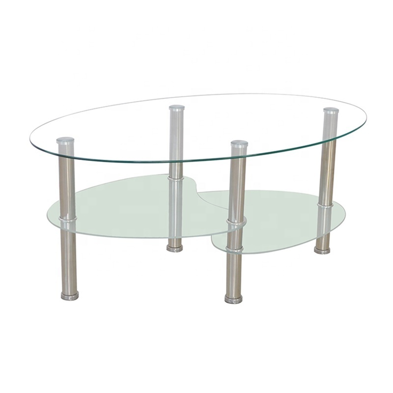 Wholesale living room furniture center oval tempered glass coffee table with stainless steel legs