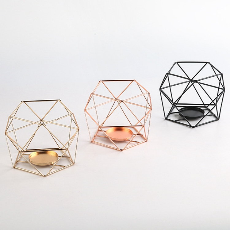 Table Top Geometric Metal Wire Iron Tea Light Candle Holder Lantern Rose Gold Stainless Steel Metal Iron Candle Holder