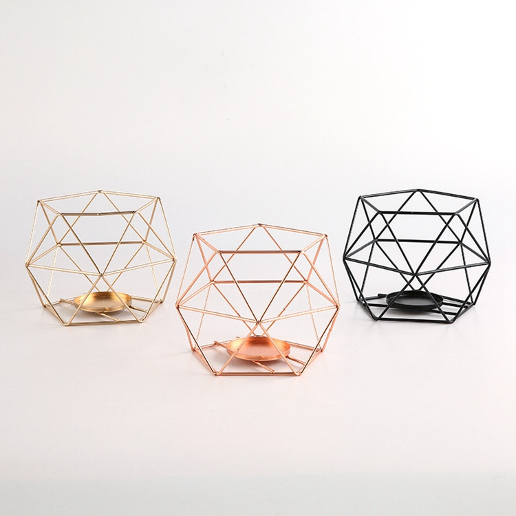 Table Top Geometric Metal Wire Iron Tea Light Candle Holder Lantern Rose Gold Stainless Steel Metal Iron Candle Holder