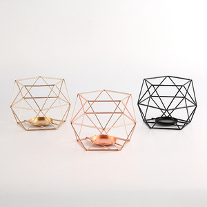 Table Top Geometric Metal Wire Iron Tea Light Candle Holder Lantern Rose Gold Stainless Steel Metal Iron Candle Holder