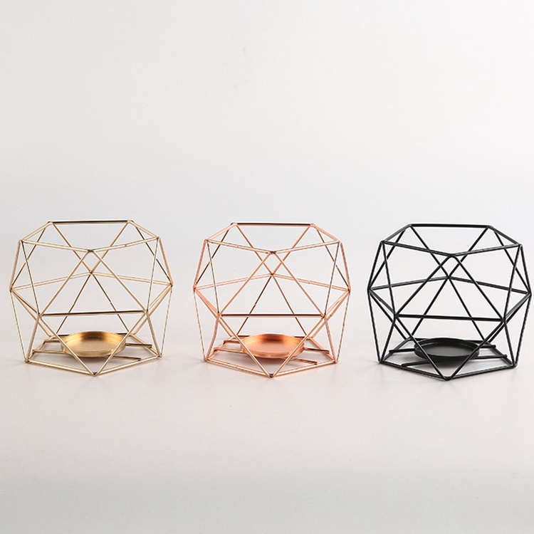 Table Top Geometric Metal Wire Iron Tea Light Candle Holder Lantern Rose Gold Stainless Steel Metal Iron Candle Holder