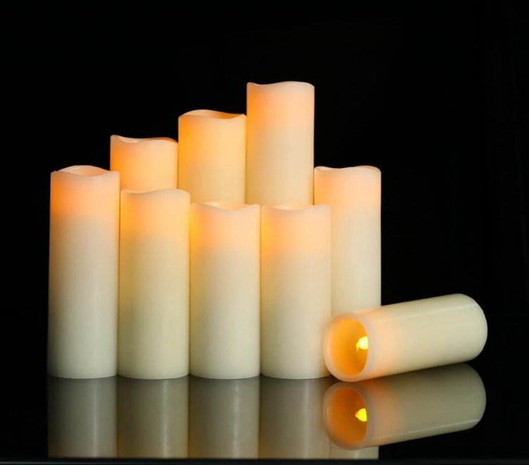 Set of 9 Ivory Real Wax Flickering Flame Led Candle D5.5cm Led Paraffin Candle With Battery Pillar Candle With Remote For Home