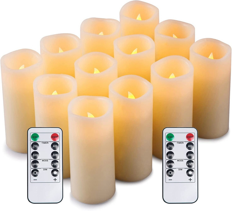 Set of 12 Flameless Candles Battery Operated LED Pillar Real Wax Electric Unscented Candles with Remote Control Cycling 24 Hours