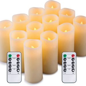 Set of 12 Flameless Candles Battery Operated LED Pillar Real Wax Electric Unscented Candles with Remote Control Cycling 24 Hours