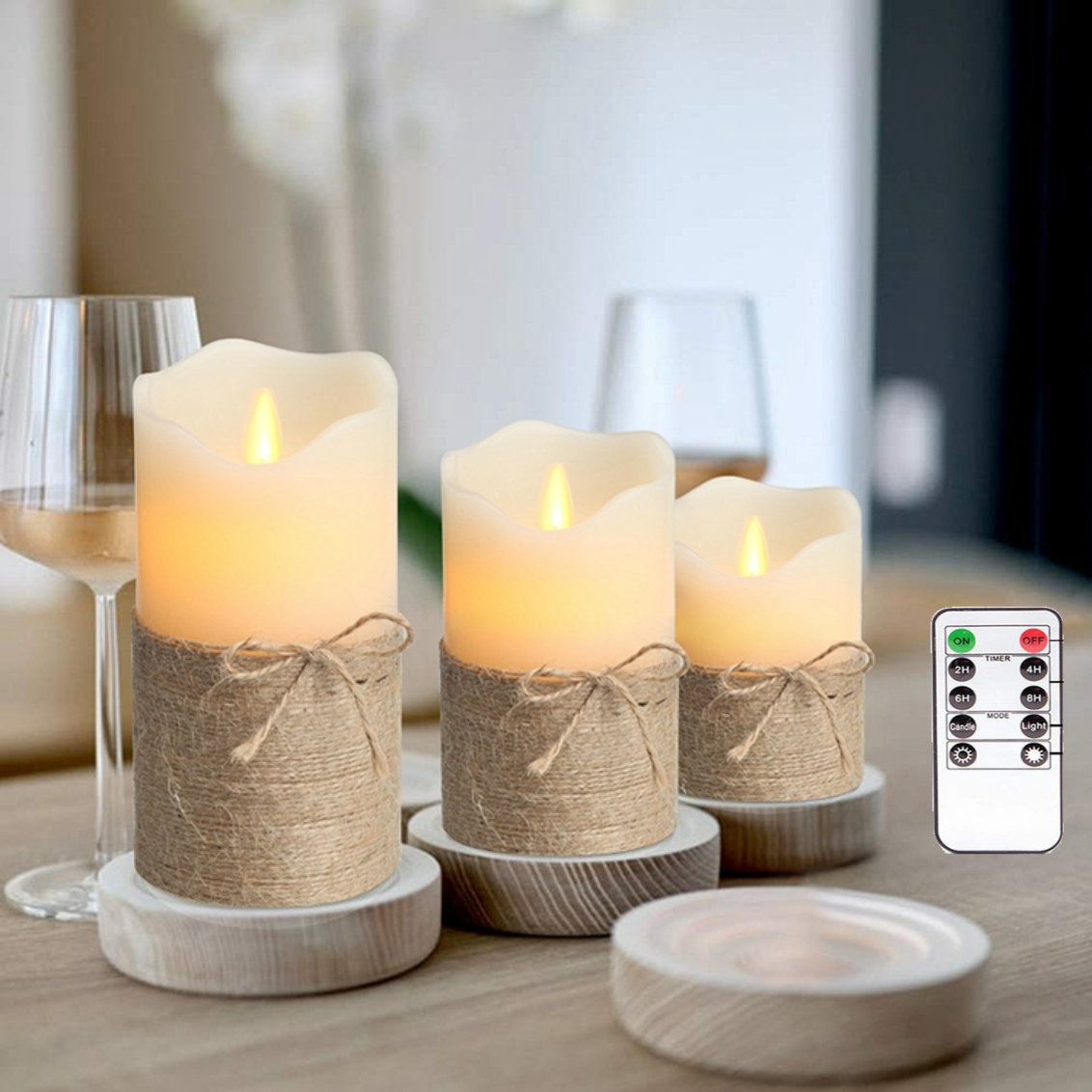 Christmas Led Candle Set of 3 Battery Operated Pillar Candles Remote Control Real Wax  Electric Candle With Twine For Home Decor