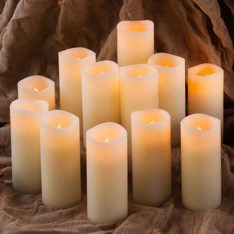 Set of 12 Flameless Candles Battery Operated LED Pillar Real Wax Electric Unscented Candles with Remote Control Cycling 24 Hours