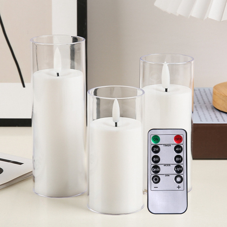 Pure White Flickering Flameless Candles Battery Operated Acrylic LED Pillar Candles with Remote Control and Timer