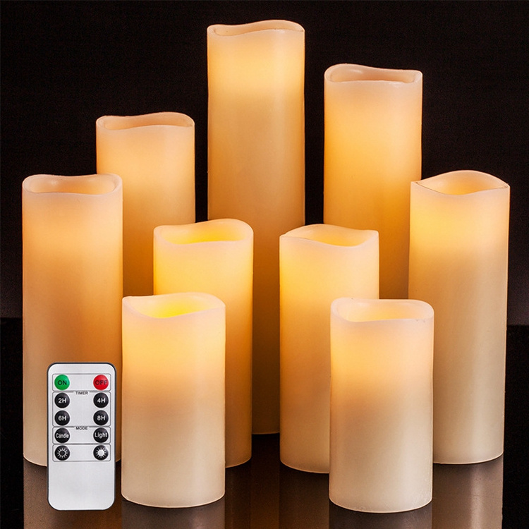 Set of 9 Ivory Real Wax Pillar LED Candles  Flickering  Battery Operated Candles 4