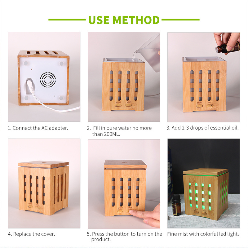 Square bamboo wood aromatherapy machine hollow out essential oil aromatherapy lamp bamboo purification air humidifier