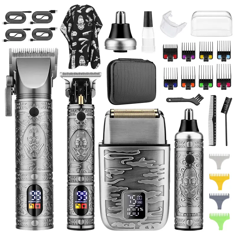 Latest Professional Men's Hair Clipper Beard Grooming Set 4 in 1 Retro Electric Shaver Nose Hair and Beard Trimmer Set