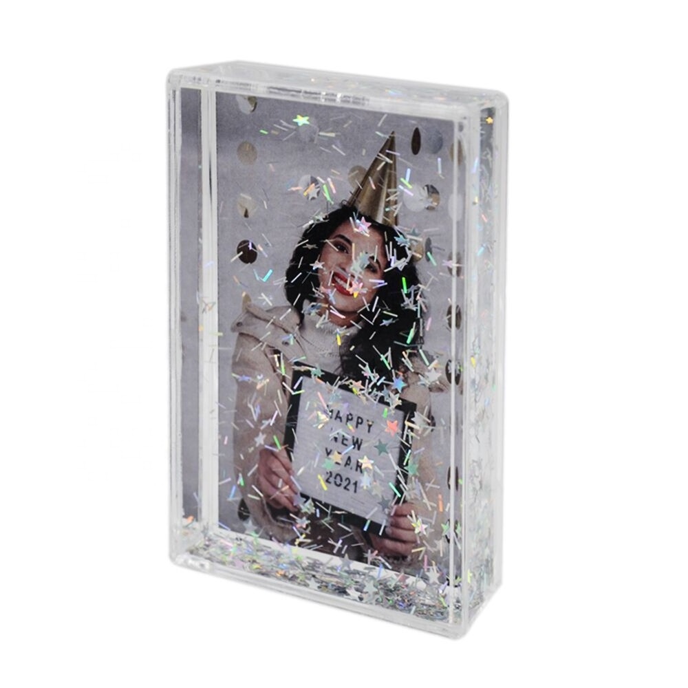 Clear 2X3 Inch Acrylic Camera Sequins Photo Frame with Liquid Snow Globe Mini Picture Frame