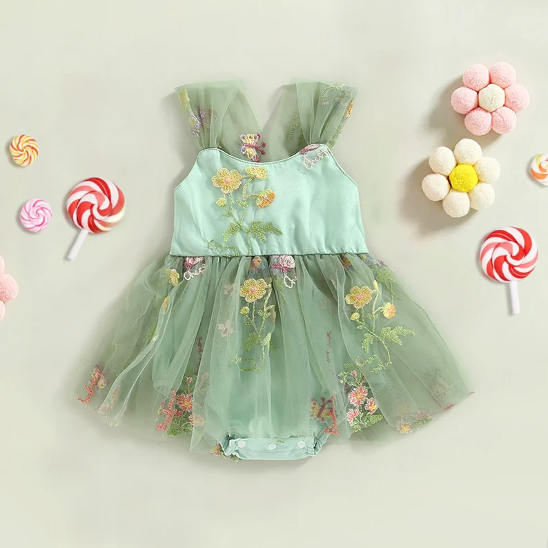 Custom Summer Embroidery Mesh Flower Birthday Toddler Smash Cake Holiday Photoshoot Casual Dresses Girls Dresses