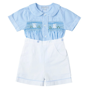 Custom Summer Easter Bunny Embroidered Blue Top Boho Cute 100% Cotton Natural Organic Set Girl'S Clothing Girl Suit