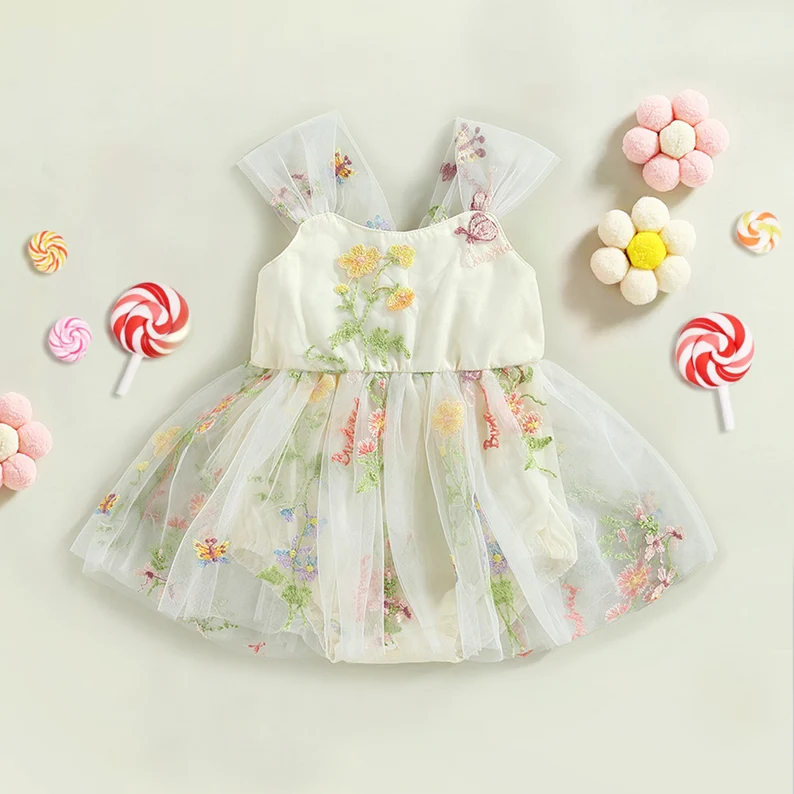 Custom Summer Embroidery Mesh Flower Birthday Toddler Smash Cake Holiday Photoshoot Casual Dresses Girls Dresses