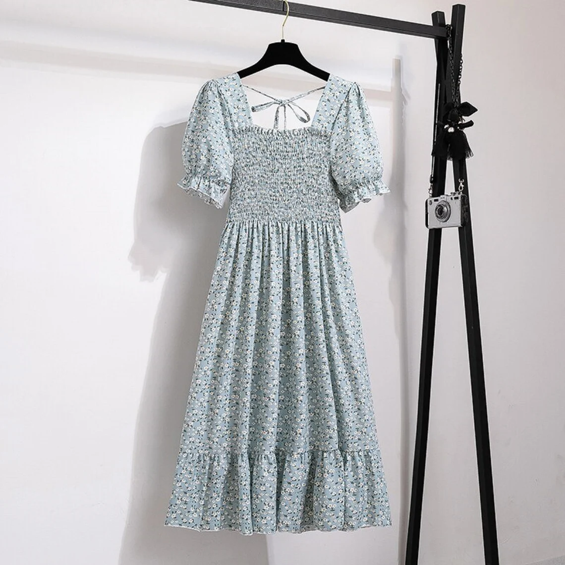 Customisable Bohemian Chiffon Vintage Women's Cocktail Party Dress  Square Neck Women's Mid-length Dress