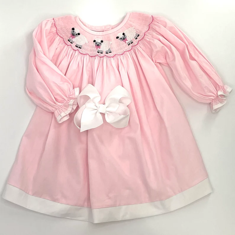 Custom Spring Easter Pink Embroidered Smock Cute 100% Cotton Natural Organic Casual Dresses Girls Dresses